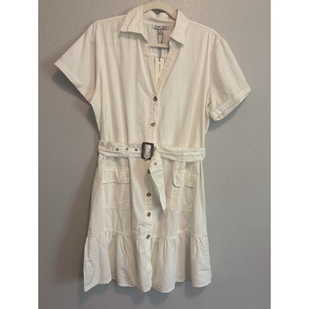 White‎ Cotton Utility Safari Shirt Dress Belted Pockets Ruffle Hem XL NWT